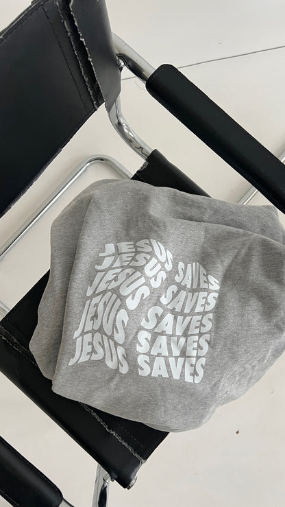 "JESUS SAVES" WAVE HOODIE GRAU